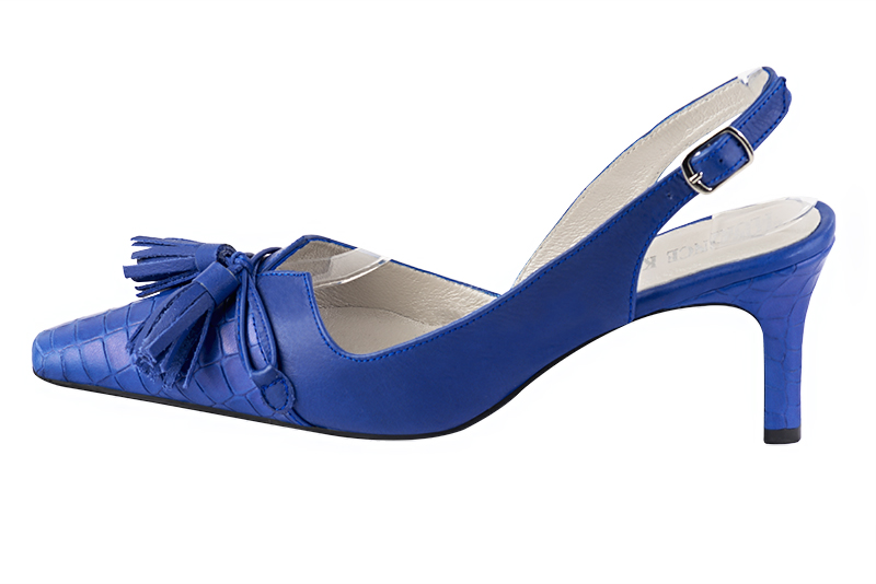 Electric blue women's open back shoes, with a knot. Tapered toe. Medium slim heel. Profile view - Florence KOOIJMAN